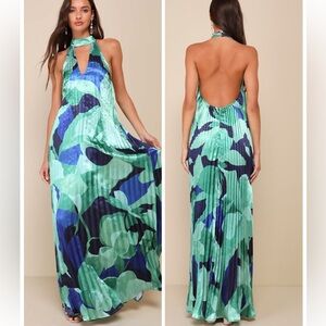 Lulus Prime Poise Green and Blue Abstract Satin Halter Maxi Dress Size Small NWT